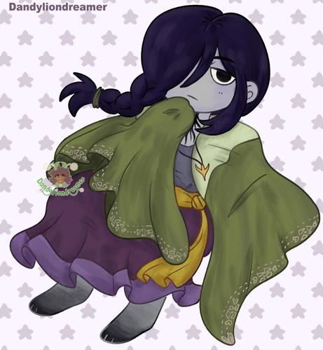 a humanoid oc wearing a green and purple outfil and long black braided hair coverin one eye