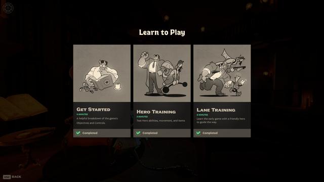 Three panels pictured, showing rubberhose-style art of two deadlock characters, Abrams and Ivy. Abrams is wide, stocky, and muscular. He is reading a book in the first panel. Abrams is wearing a coat in the second panel alongisde Ivy, who is lanky and trying to carry a large weight. She is a gargoyle. The third panel pictures them running alongside a trooper, which has a candle for a head.

Underneath the first panel it reads as such: "Get Started. 4 minutes. A helpful breakdown of the game's objectives and controls. Completed."

Underneath the second panel it reads: "Hero training. 5 minutes. Test hero abilities, movement, and items. Completed."

Underneath the third panel it reads: "Lane training.  8 minutes. Learn the early lane with a friendly hero to guide the way. Completed."