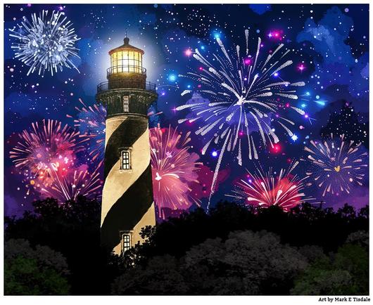 Digital art showing a landscape view of a black and white striped lighthouse peeking over the tree line. The lighthouse is glowing warmly against a night sky that is filled with colorful fireworks.