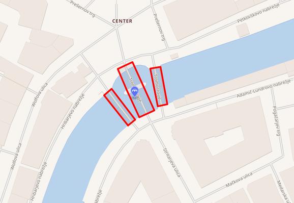 A simple map showing the three bridges that comprise the Triple Bridge. The center bridge is the largest...widest and longest. The other two bridges are smaller and narrower and fan out from the center (do not run parallel to the center bridge). Ljubljana is the capital of Slovenia.