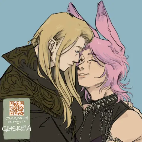 A portrait of an OC (Ilyndor) and Zenos from Final Fantasy XIV. Ilyndor is hugging and winking at Zenos who’s looking down fondly.