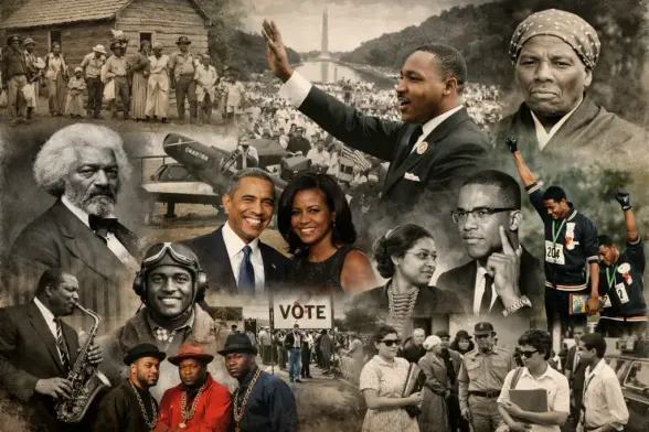 Black History Month educational graphic showing a collage of historical photographs, civil rights leaders, voting rights activism, and Black cultural milestones in American history
