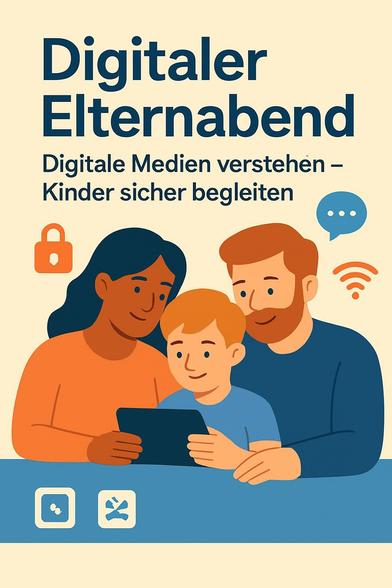KI generiertes Bild: Grafik einer Familie mit drei Personen, die gemeinsam ein Tablet nutzen und Inhalte darauf erkunden.