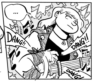 Viñeta donde sale una mujer con un chaleco con púas afinando un laúd mientras emana magia de ella.