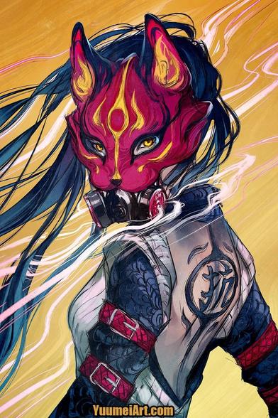 The character wears a respirator adorned with the top half of a cat's face, with a sun design on the forehead and flames in the ears. Her trailing hair and the wisps of vapour around her give the illusion of movement