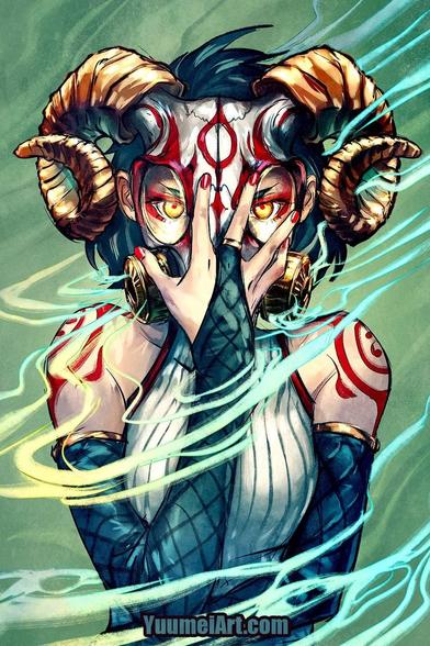 The character covers the lower half of her face with her hand, wearing shoulder length scale mail fingerless gloves. Her respirator is in the shape of a ram's skull with coiled horns. It is adorned with swirling, spiky designs that match the tattoos on her shoulders.