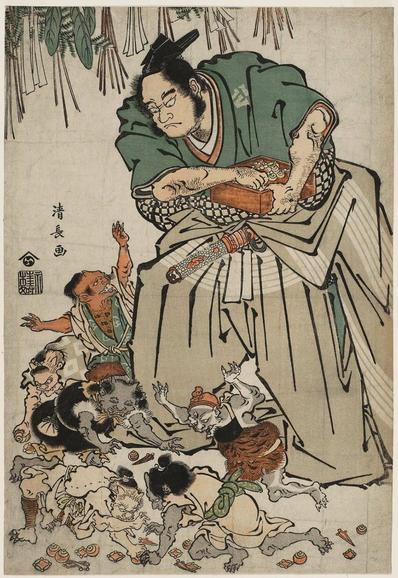 A man holds a square wooden box filled with beans. He is taking a handful. Oni (demons) scramble around his feet