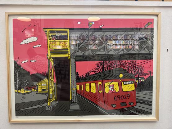 «Røykebrua» - tegning av Sindre Goksøyr. Umiskjennelig Nittedal stasjon og den gamle fotgjengerovergangen