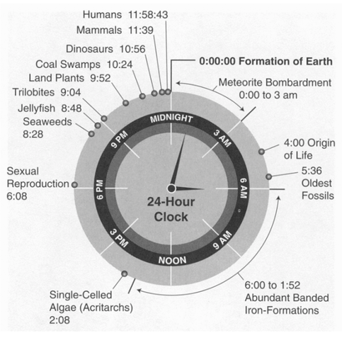 A 24-hour clock illustration depicting Earth's history as a single day. The clock starts at midnight for Earth's formation, with major events like meteorite bombardment from 12:00 to 3:00 AM, origin of life at 4:00 AM, oldest fossils at 5:36 AM, sexual reproduction at 6:08 AM, emergence of seaweeds at 8:28 AM, and mammals at 11:39 PM. Humans appear at 11:58:43 PM, just before midnight.