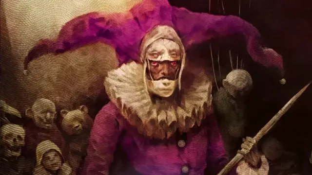 Promo art for the upcoming Horrified D&D expansion, featuring a rotting corpse peeking out from inside a creepy marionette.