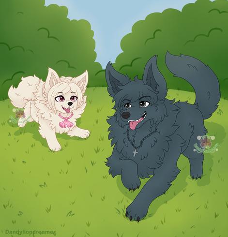 two dogs, one  running in a field, both dogs are based on characters from the anime tokyo ghoul