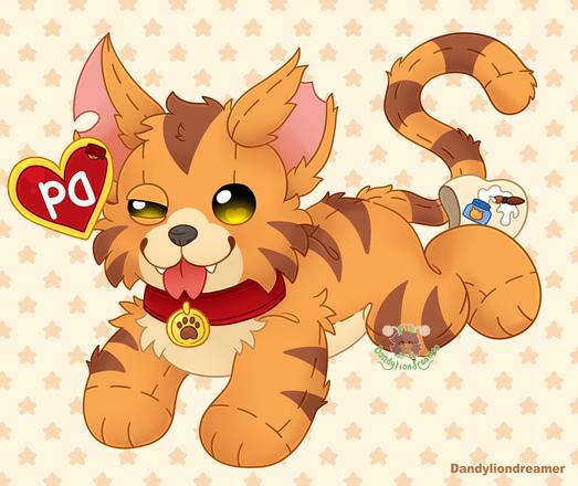 a orange cat with a red collar sticking its tongue out as a beanie baby

the red heart tag say PD where the D is backwards and the eg tag has a paint thinner bottle spilling with a brush