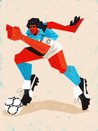 A stylized soccer player in blue and red uniform is energetically dribbling a ball on sandy ground, showcasing dynamic movement.