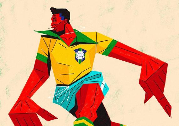A stylized illustration of a soccer player in a yellow Brazil jersey, with vibrant red arms, showcasing dynamic movement and energy.