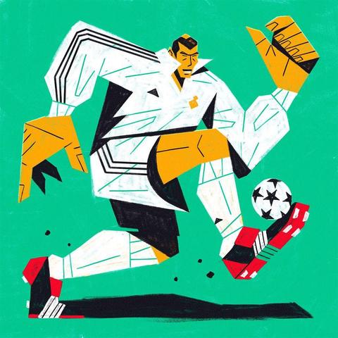 A stylized soccer player in a white jersey kicks a black and white ball, set against a vibrant green background.