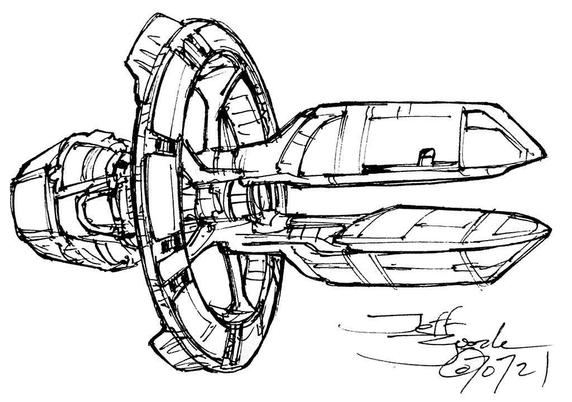Black and white line art sketch of an imaginative sci fi spaceship. Each one is very different. A starship shaped like a plastic auto body snap pin - split forward hull like a clip, engine pod at rear, big ring in the center.