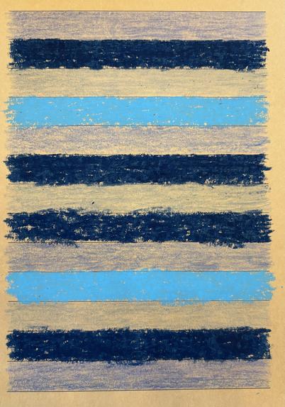 A page of blue stripes, some in coloured pencil, some in oil pastel