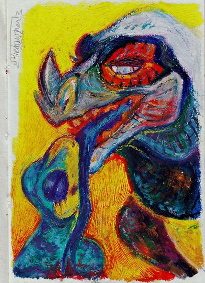 A colorful traditional painting done with pastels of Gex from the game series with the same name and Cyrus, a fan character that is a lizard inspired by Cyclura iguanas.