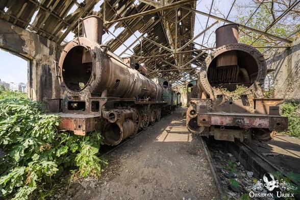 two steam trains in an old depot