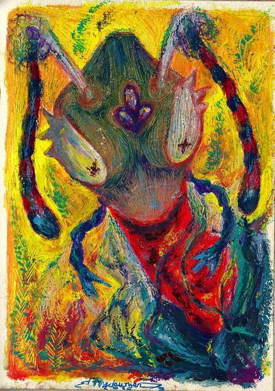 A colorful traditional portrait of an anthropomorphic insect character.