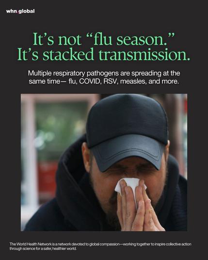 Square graphic with “whn.global” in the top-left on a dark charcoal background. Large green headline reads: “It’s not ‘flu season.’ It’s stacked transmission.” Below, white text says: “Multiple respiratory pathogens are spreading at the same time— flu, COVID, RSV, measles, and more.” Under the text is a photo of a person in a black baseball cap holding a tissue to their nose/sneezing. Footer in small white text: “The World Health Network is a network devoted to global compassion—working together to inspire collective action through science for a safer, healthier world.”