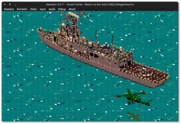 🕶️ A view of its UI (v. 0.0.11, on Linux, with the Scanlines grid effect, giving an LCD effect) with the game Desert Strike - Return to the Gulf: the player controls a helicopter, taking off from a helicopter carrier at sea. The menus are at the top of the interface.

📚️ Gearlynx is a libre and multiplatform Atari Lynx console emulator, focusing on the accuracy of the 65C02 processor emulation—a low-power version of the Western Design Center CMOS 6502 processor used in this ATARI portable console. It offers a high-quality interface, support for window resizing, filters (dithering, LCD effect, bilinear anti-aliasing), state saving, gamepad support, drag-and-drop content, debugging (full debugger), command line, and external interfaces via libretro. A good emulator.