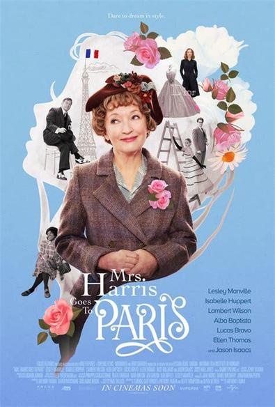 Promotional poster for the movie "Mrs Harris goes to Paris" with a smiling middle-aged lady in 1950s fashion in the foreground
