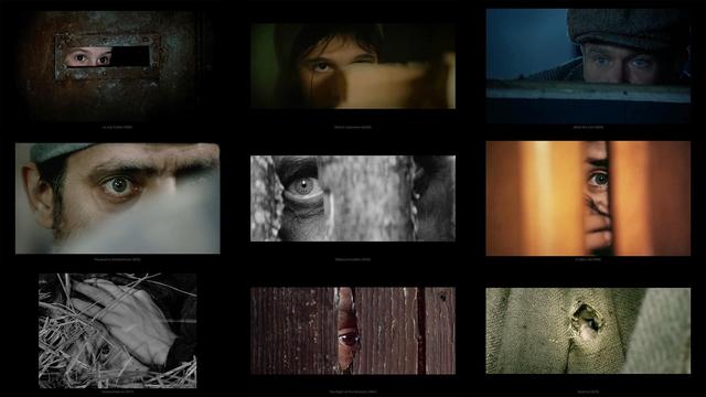 9 beelden van een gen die door een spleet gluren.