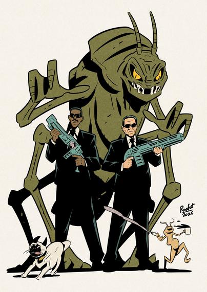 Fan art of Men In Black. Agent K and J standing in front of Edgar in roach form, with an alien worm and Frank the pug running