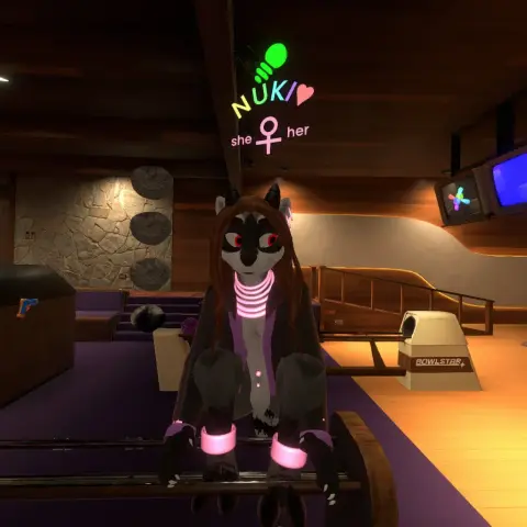 Photo exported from Resonite.

Avatar is a modified Meelo Club Fur Raccoon base with goat hooves and horns, crouching on a ball-return in Desktop mode.

World is Redwood Mansion.