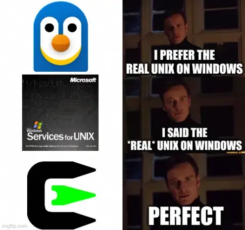 Michael Fassbender as Magneto meme from X-Men: First Class.

(WSL Logo)
"I prefer the real Unix on windows"

(Services for UNIX CD cover)
"I said the *real* Unix on windows"

(Cygwin logo)
"Perfect"