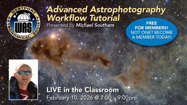 Promotional banner for an advanced astrophotography workflow tutorial by Michael Southam, hosted by Westport Astronomical Society.