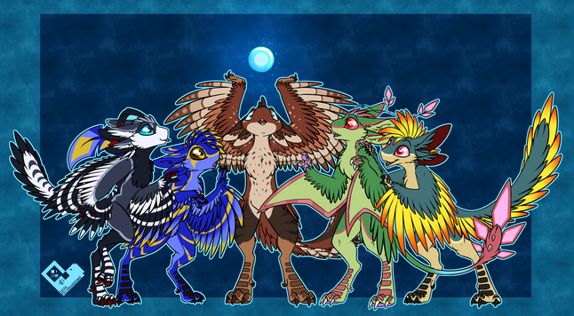 A group of five avali. One of them is holding the divine braincell above his head, and the rest are looking on with awe.