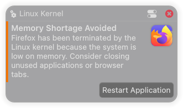 Linux Kernel error notification saying 'Memory Shortage Avoided' by terminating Firefox.