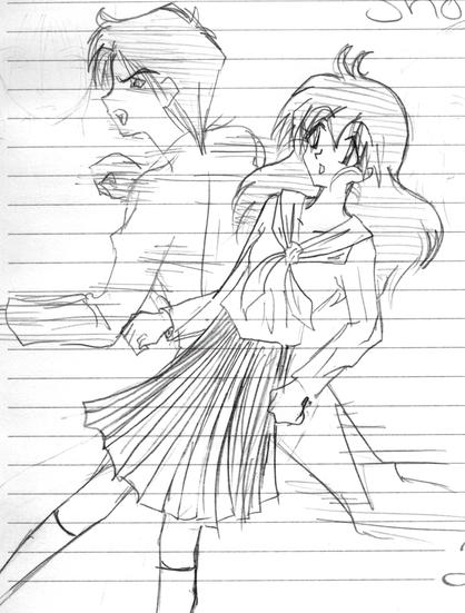 An old notebook sketch of Hisaki and Yasha, when they were first created. Yasha is wearing a girl's uniform still, and Hisaki doesn't have his long bangs.