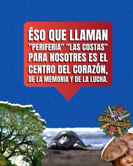 "Eso que llaman "perdiferia" y "las costas" para nosotres es el centro del corazón de.la memoria y de la lucha" en bicadillo rojo sobre cielo azul.abajo tortuga saliendo del mar, a la izquierda árbol de guanacaste. A la derevha logo de doa espagas sobre corona natural.