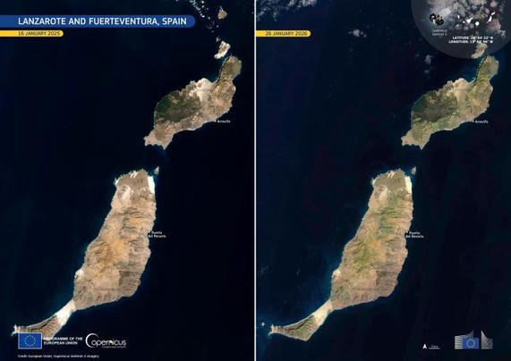 Imágenes del Sentinel-2 de Copernicus que muestran Lanzarote y Fuerteventura en enero de 2025 y en enero de 2026 (EFE | Unión Europea)