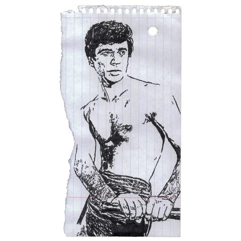 Pen drawing of a shirtless Sal Ponti guiding a boat rudder drawn on a torn spiral notebook page.