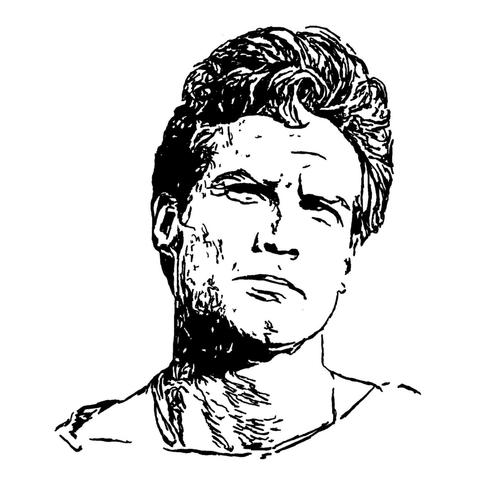 Pen drawing of Steve Reeves wearing ancient clothing and glancing upward with a worried expression on his face drawn on a white background.