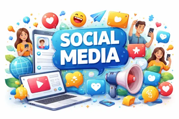 Bild mit Herzchen, Smilieys, Menschen, die Selfies machen, Smartphone und Laptop. In der Mitte ein Schriftzug "Social Media"