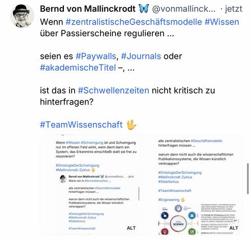 Bernd von Mallinckrodt @vonmallinck... • jetzt Wenn #zentralistischeGeschäftsmodelle #Wissen über Passierscheine regulieren ..
seien es #Paywalls, #Journals oder #akademische Titel -,...
ist das in #Schwellenzeiten nicht kritisch zu hinterfragen?
#TeamWissenschaft🖖