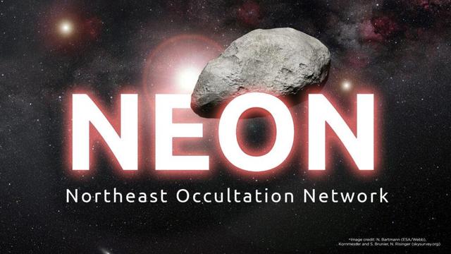 NEON logo with a glowing white neon effect behind a large asteroid against a starry space background.