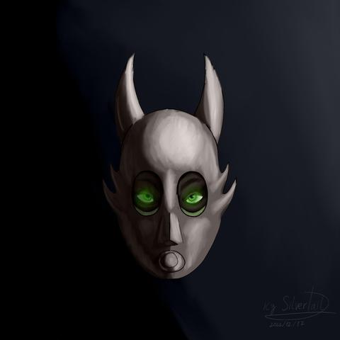 Digital drawing of a man's head with dark skin, looking towards the viewer, wearing a mask that covers his entire face except for his eyes and eyebrows. The mask is light grayish in color and has two protrusions extending from the top and back, similar to goat or demon horns but shorter. Additionally, the mask has a kind of button at the mouth, suggesting that something behind the mask goes into the man's mouth. The man's eyes are green and glow with a greenish light in the dark. The head and mask cast a shadow on themselves from the middle to the left.