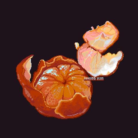 pixel art mandarin, half-peeled