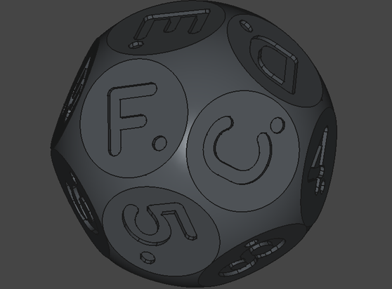 Grey 3D model of round object with circular faces bearing characters.