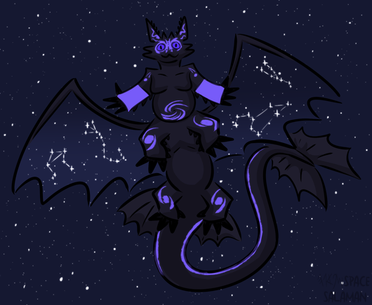 Black nightfury taur dragon with four legs floating in the sky, purple markings and constellations on their body.