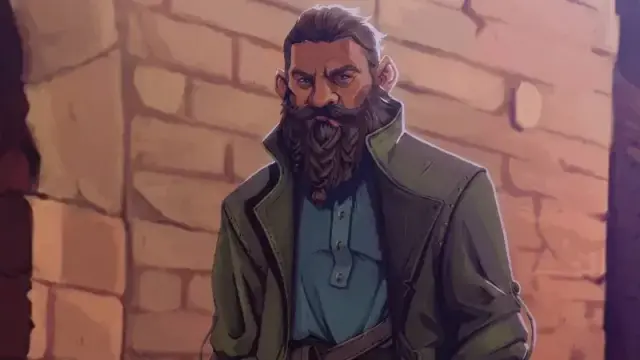 Official art from the Pugilist Class on D&D Beyond, featuring a gruff dwarven fist fighter walking down an alleyway.