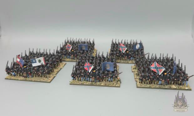 5 60-man Confederate infantry regiments with flags of various states