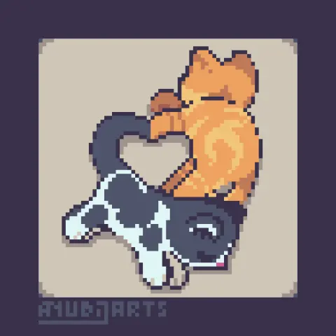A Pixel Art redraw featuring 2 cats lying on the floor, resting in such a way that the tail and body of one with the paws and body of the other one form a heart.