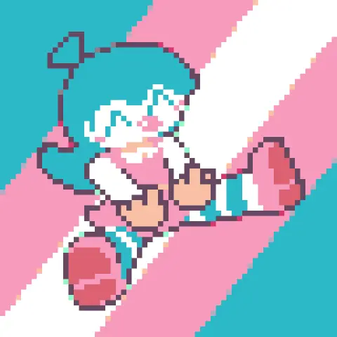 A Pixel Art featuring Anubi in her clown design, colored with the trans color flag, giving 2 middle fingers below while extending her legs to the opposite sides of each other. The transgender flag can be seen diagonally in the background.
